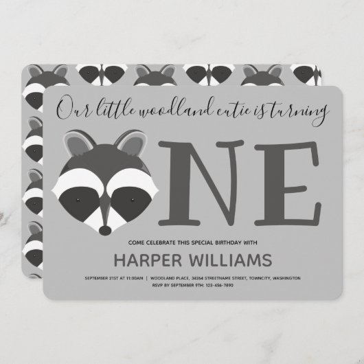 ウッドランドラクーンベビーワンファースト誕生日 招待状 (正面/裏面)