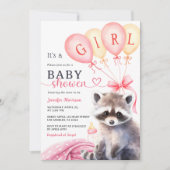 ウッドランドラクーン赤ちゃんシャワー女の子ピンクバルーン 招待状 (正面)