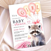 ウッドランドラクーン赤ちゃんシャワー女の子ピンクバルーン 招待状