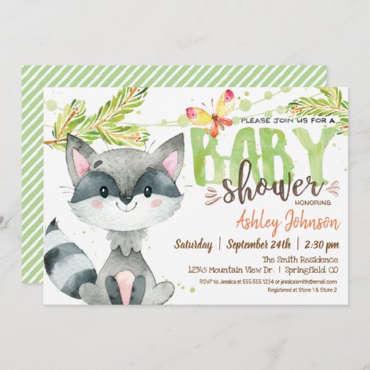 ウッドランドラクーン赤ちゃんシャワー 招待状 (正面/裏面)