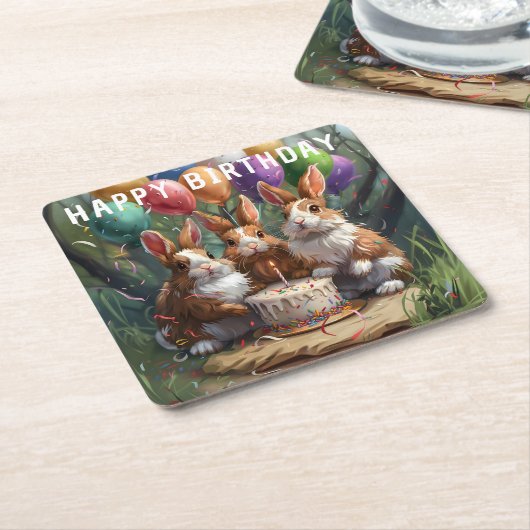 ウッドランドラビットバースデーパーティー スクエアペーパーコースター (アングル)