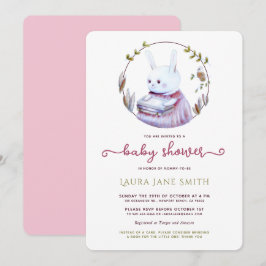 ウッドランドラビットピンクグリーンブックスガールベビーシャワー 招待状