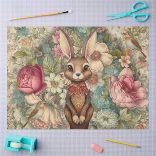 ウッドランドロングリーラビット&コテージコア花模様 薄葉紙 (クラフト)