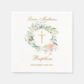 ウッドランドローズの花のガーランドがあしらわれた洗礼/命名式のナプキン スタンダードカクテルナプキン (正面)