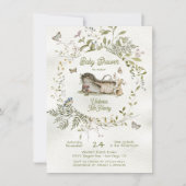 ウッドランドワイルドフラワーリースクリブクレードルベビーシャワー 招待状 (正面)