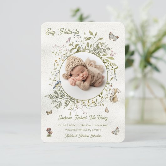 ウッドランドワイルドフラワーリース誕生ベビー発表 招待状 (スタンド正面)