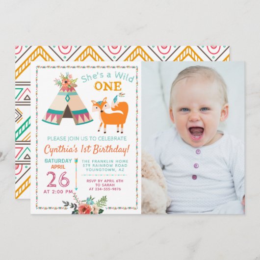 ウッドランドワイルドワンキツネテペ1stバースデーフォト 招待状 (正面/裏面)