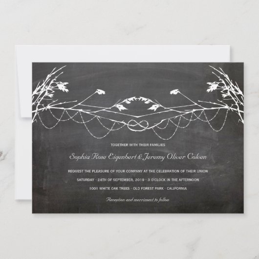 ウッドランドヴィンテージ結び付き木の結婚黒板 招待状 (正面)