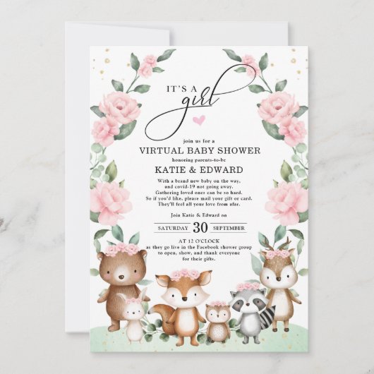 ウッドランド仮想ベビーシャワー赤面フローラ動物 招待状 (正面)