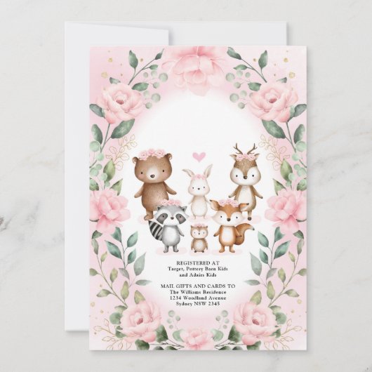 ウッドランド仮想ベビーシャワー赤面フローラ動物 招待状 (裏面)