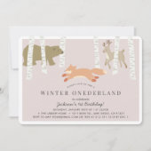ウッドランド冬のオネダーランドピンク1歳の誕生日 招待状 (正面)