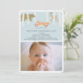 ウッドランド冬のオネダーランドブルー写真1st誕生日 招待状 (スタンド正面)