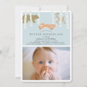ウッドランド冬のオネダーランドブルー写真1st誕生日 招待状 (正面)