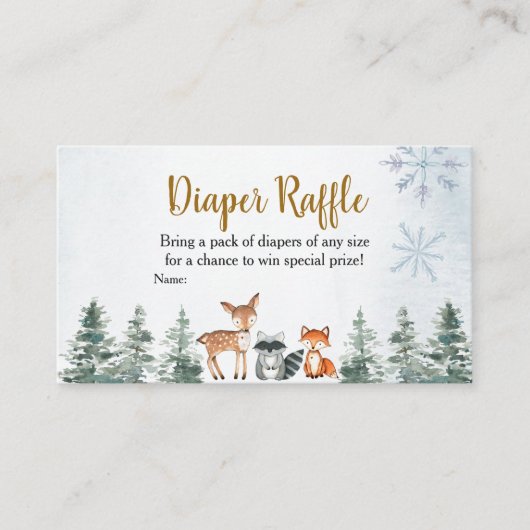 ウッドランド冬の動物の赤ちゃんシャワーおむつラッフル エンクロージャーカード (正面)