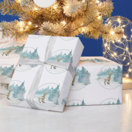 ウッドランド冬の水の色の鹿クリスマス ラッピングペーパー
