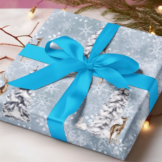 ウッドランド冬の鹿クリスマスツリースノーフレーク ラッピングペーパー