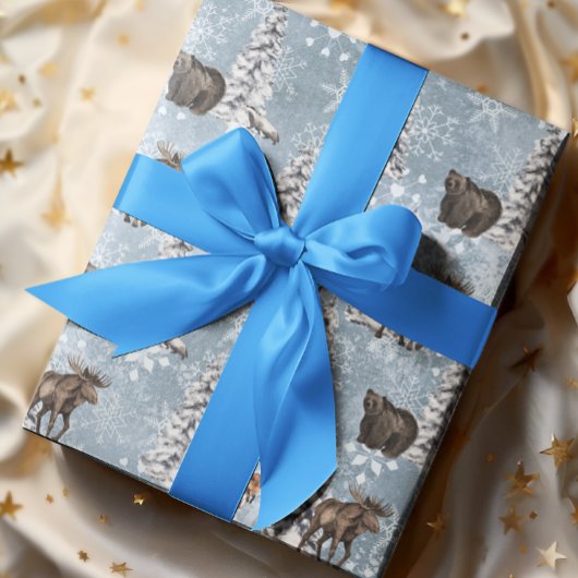 ウッドランド冬ムースクリスマスツリー雪の結晶 ラッピングペーパー