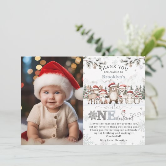 ウッドランド冬ワンダーランドのクリスマス1回目の誕生日 サンキューカード (スタンド正面)