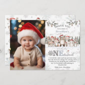 ウッドランド冬ワンダーランドのクリスマス1回目の誕生日 サンキューカード (正面/裏面)