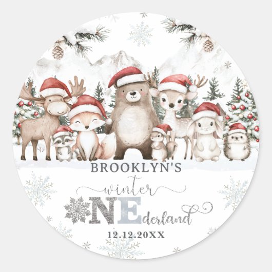 ウッドランド冬ワンダーランドのクリスマス1回目の誕生日 ラウンドシール (正面)