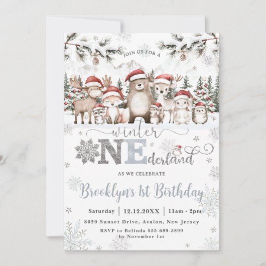 ウッドランド冬ワンダーランドのクリスマス1回目の誕生日 招待状 (正面)