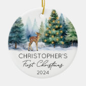 ウッドランド初めてのクリスマスベビー写真 セラミックオーナメント (正面)