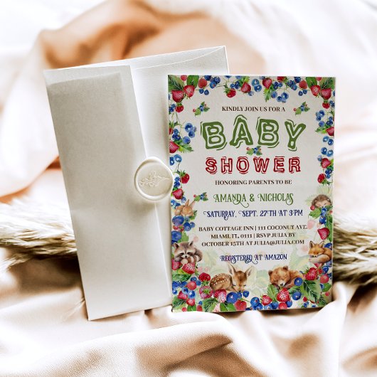 ウッドランド動物いちごブルーベリーベビーシャワー 招待状