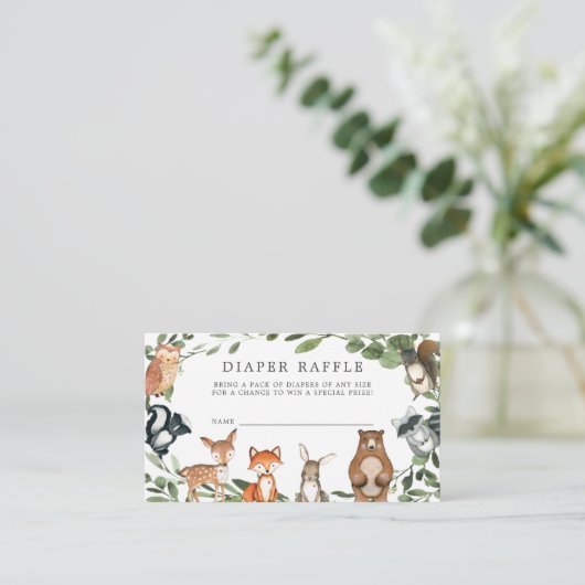 ウッドランド動物おむつラッフル赤ちゃんシャワーカード エンクロージャーカード (スタンド正面)