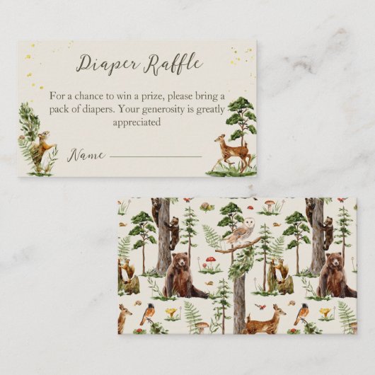 ウッドランド動物おむつラッフル赤ちゃんシャワーゲーム エンクロージャーカード (正面/裏面)
