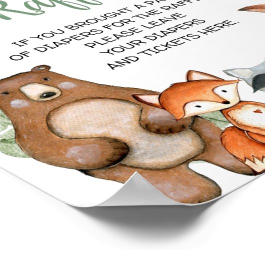 ウッドランド動物おむつラッフル赤ちゃんシャワーサイン ポスター (角)