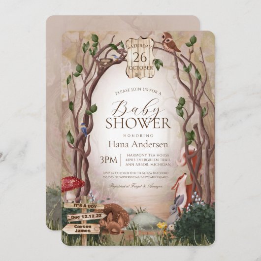 ウッドランド動物お洒落林の赤ちゃんシャワー 招待状 (正面/裏面)