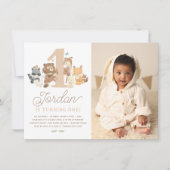 ウッドランド動物かわいい最初の誕生日パーティーの写真 招待状 (正面)