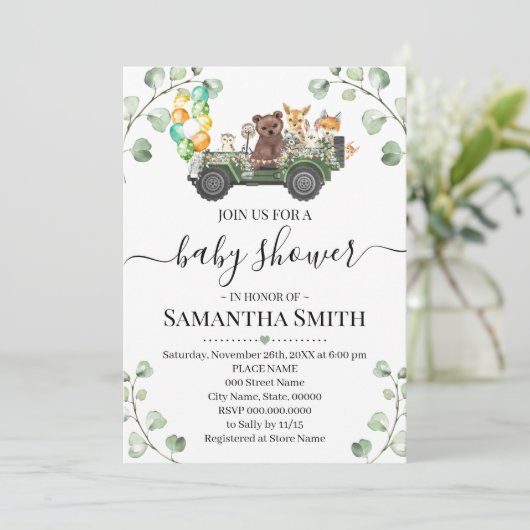 ウッドランド動物が赤ちゃんシャワーを通ってドライブ 招待状 (スタンド正面)