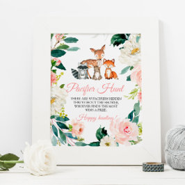 ウッドランド動物とピンクおしゃぶり狩りゲームサイン ポスター