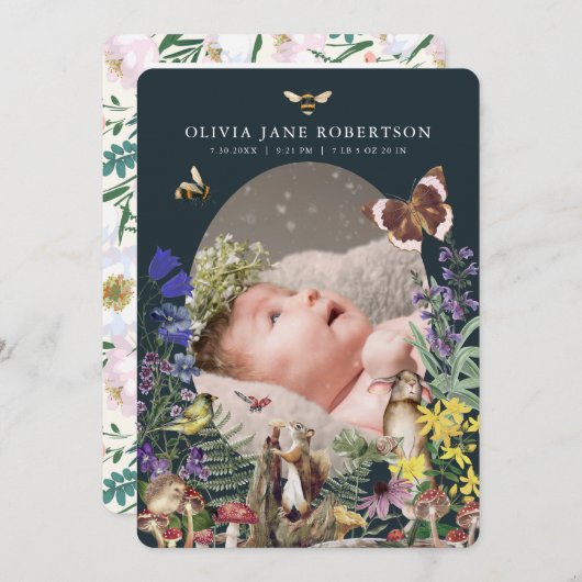 ウッドランド動物とワイルドフラワー誕生のお知らせ 招待状 (正面/裏面)