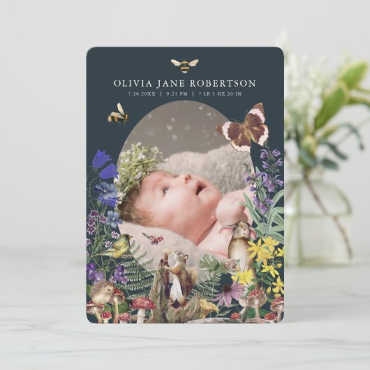 ウッドランド動物とワイルドフラワー誕生のお知らせ 招待状 (スタンド正面)