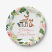 ウッドランド動物と赤面ピンクの花ベビーシャワー ペーパープレート (正面)