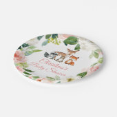 ウッドランド動物と赤面ピンクの花ベビーシャワー ペーパープレート (アングル)