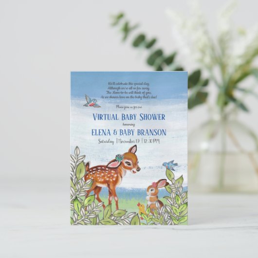 ウッドランド動物の子鹿ヴィンテージバーチャル赤ちゃんシャワー インビテーションポストカード (スタンド正面)