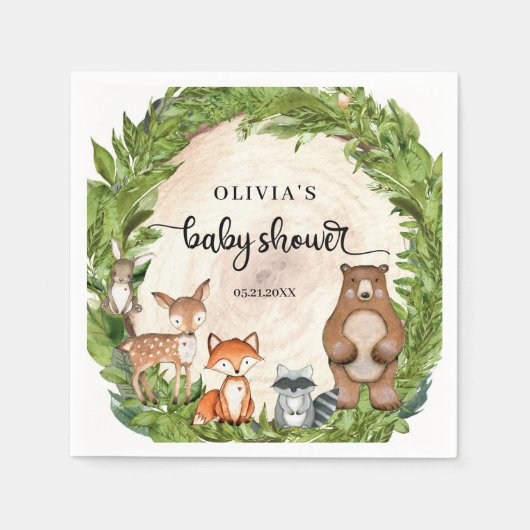 ウッドランド動物の木のスライス緑の赤ちゃんシャワー スタンダードカクテルナプキン (正面)