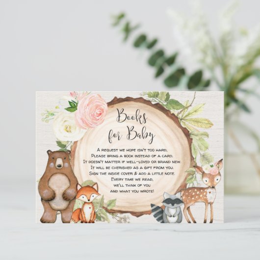 ウッドランド動物の本リクエスト女の子の赤ちゃんシャワーenc エンクロージャーカード (スタンド正面)