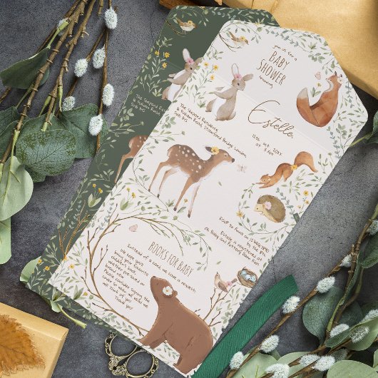 ウッドランド動物の森の友だち赤ちゃんシャワー本 オールインワン招待状