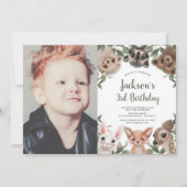 ウッドランド動物の森の友人の少年の誕生日の写真 招待状 (正面)