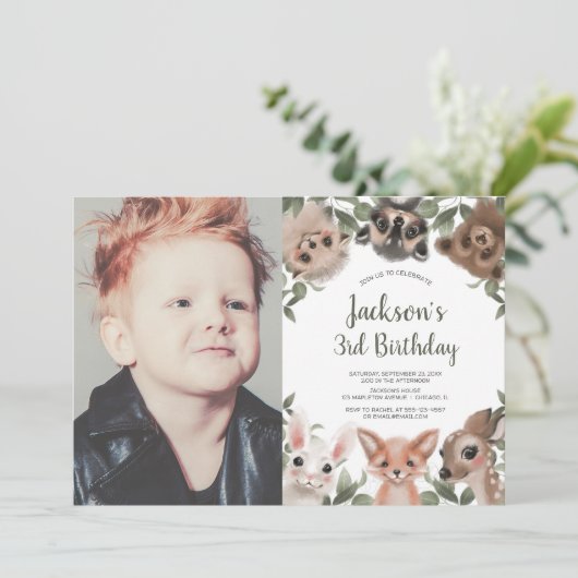 ウッドランド動物の森の友人の少年の誕生日の写真 招待状 (スタンド正面)