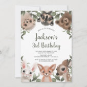 ウッドランド動物の森の友人の男の子の誕生日パーティー 招待状 (正面)