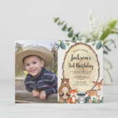 ウッドランド動物の森の男の子の誕生日の写真 招待状 (スタンド正面)
