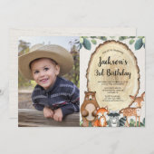 ウッドランド動物の森の男の子の誕生日の写真 招待状 (正面/裏面)