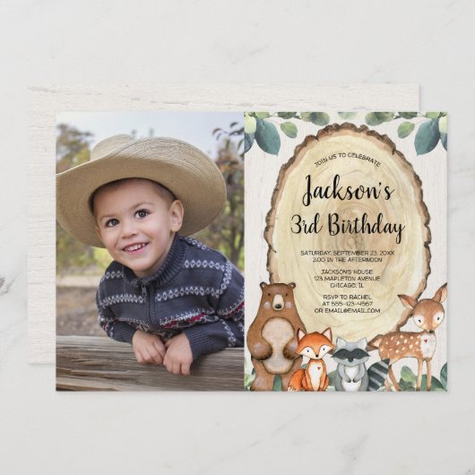 ウッドランド動物の森の男の子の誕生日の写真 招待状 (正面/裏面)