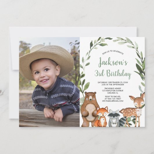 ウッドランド動物の森の男の子または女の子の誕生日の写真 招待状 (正面)