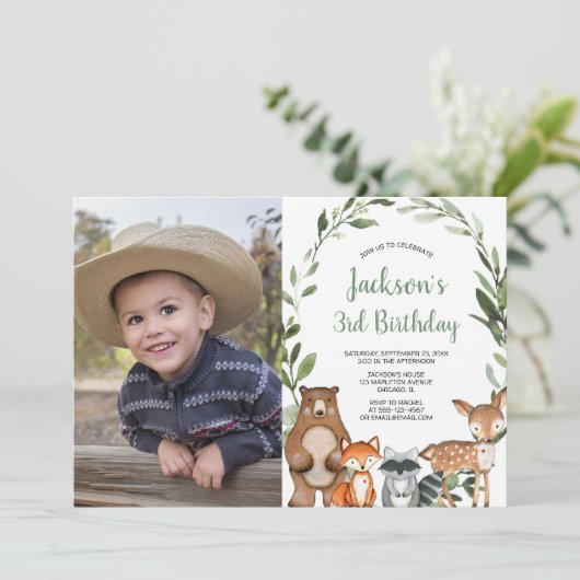 ウッドランド動物の森の男の子または女の子の誕生日の写真 招待状 (スタンド正面)